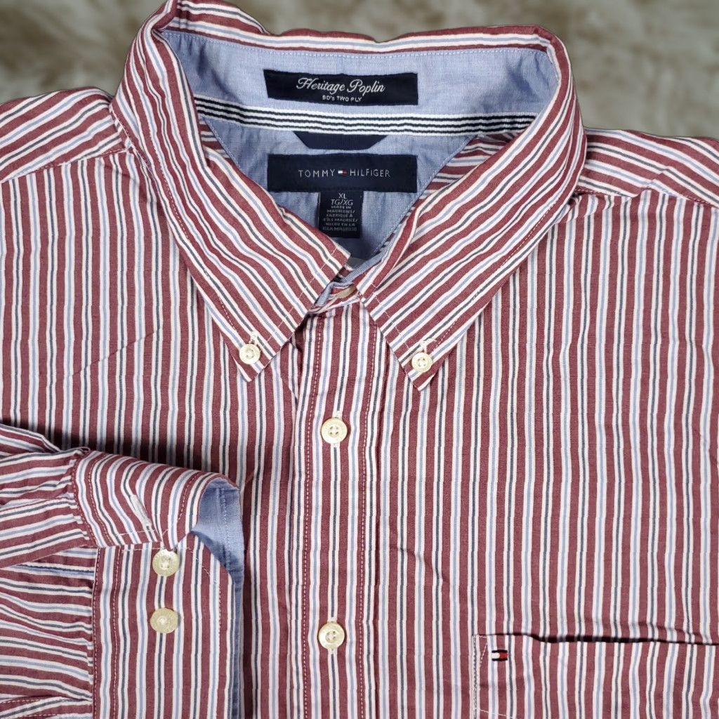 Tommy Hilfiger VINTAGE Tommy Hilfiger Heritage Poplin 2 Ply Red Striped Shirt Mens XL Button-Up Casual Classic Cotton Red 2Ply TH Heritage Mens XL Button-Down Shirt Size US XL / EU 56 / 4 - 1 Thumbnail