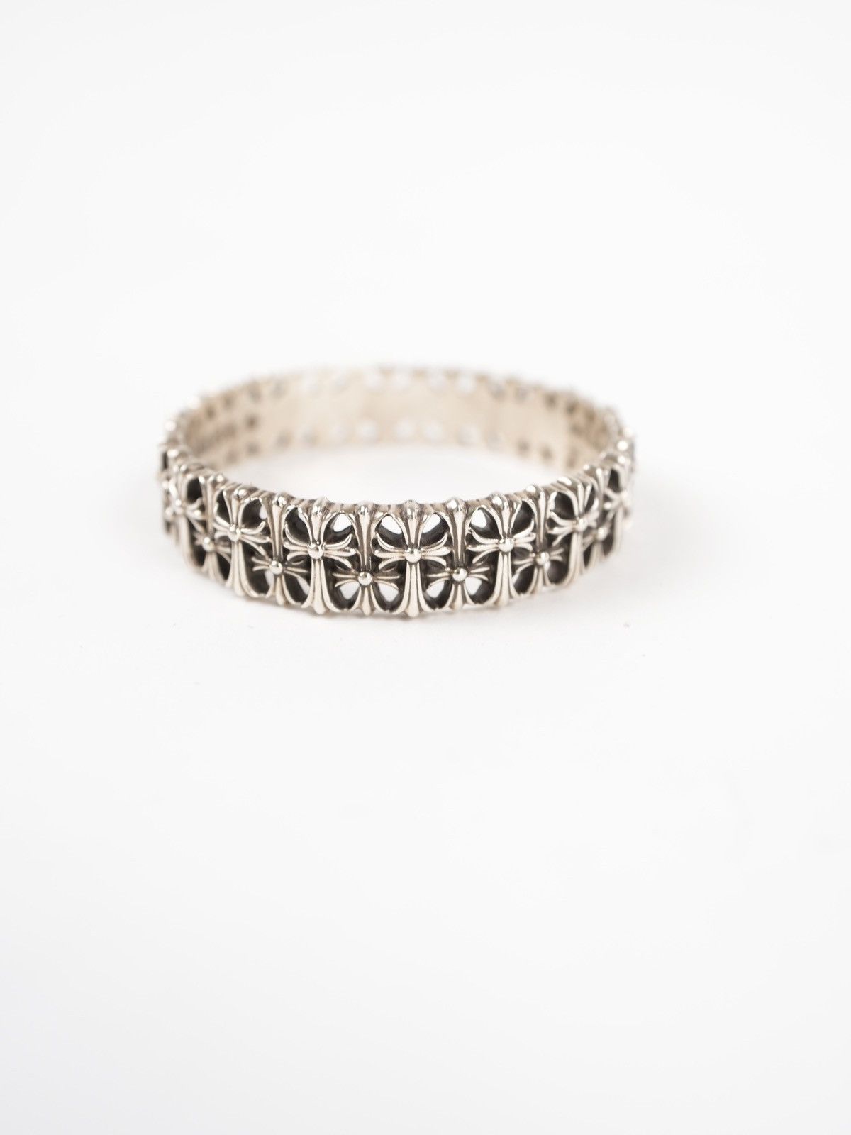 image of Chrome Hearts Cemetery Cross Solid Silver Bangle Bracelet, Women's