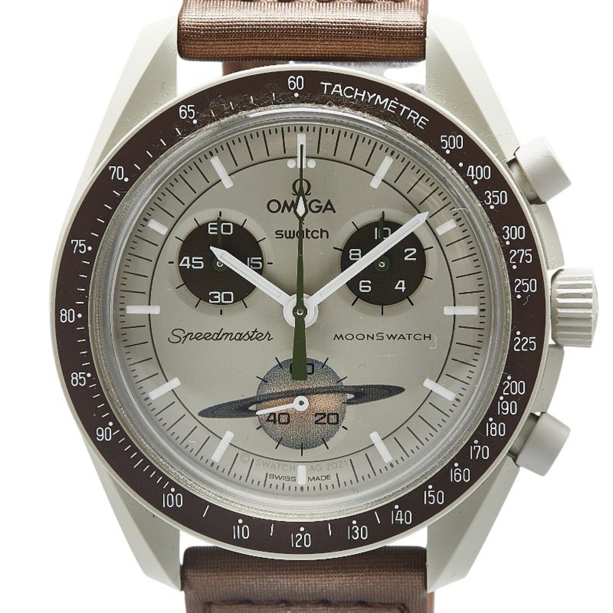 Swatch X Omega Moon Mission To Saturn Bio Ceramic Watch So33T100 Quartz Beige Dial Nylon Women's