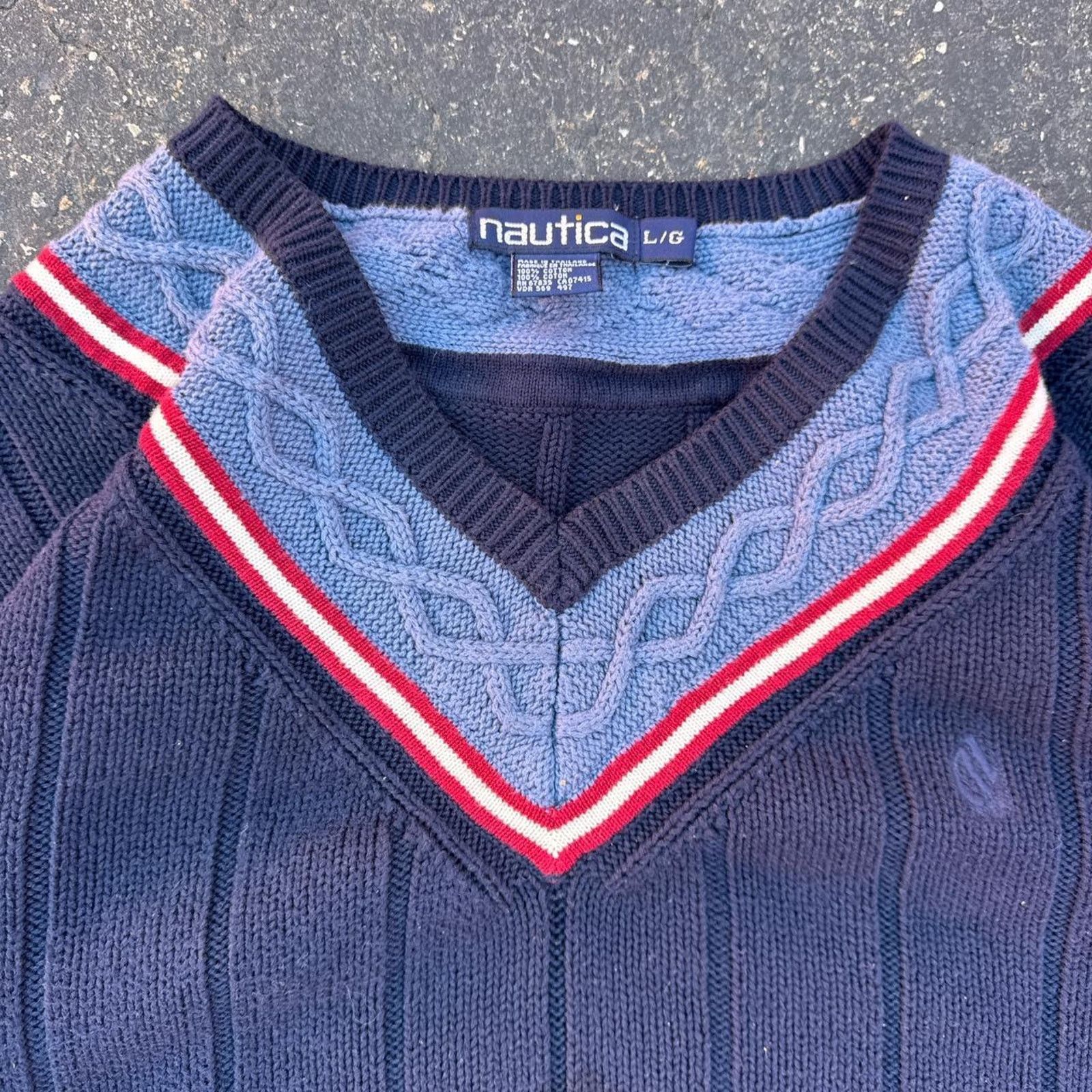Nautica Vintage 90s Nautica Cable Knit V-Neck Sweater – Size Large Size US L / EU 52-54 / 3 - 4 Thumbnail