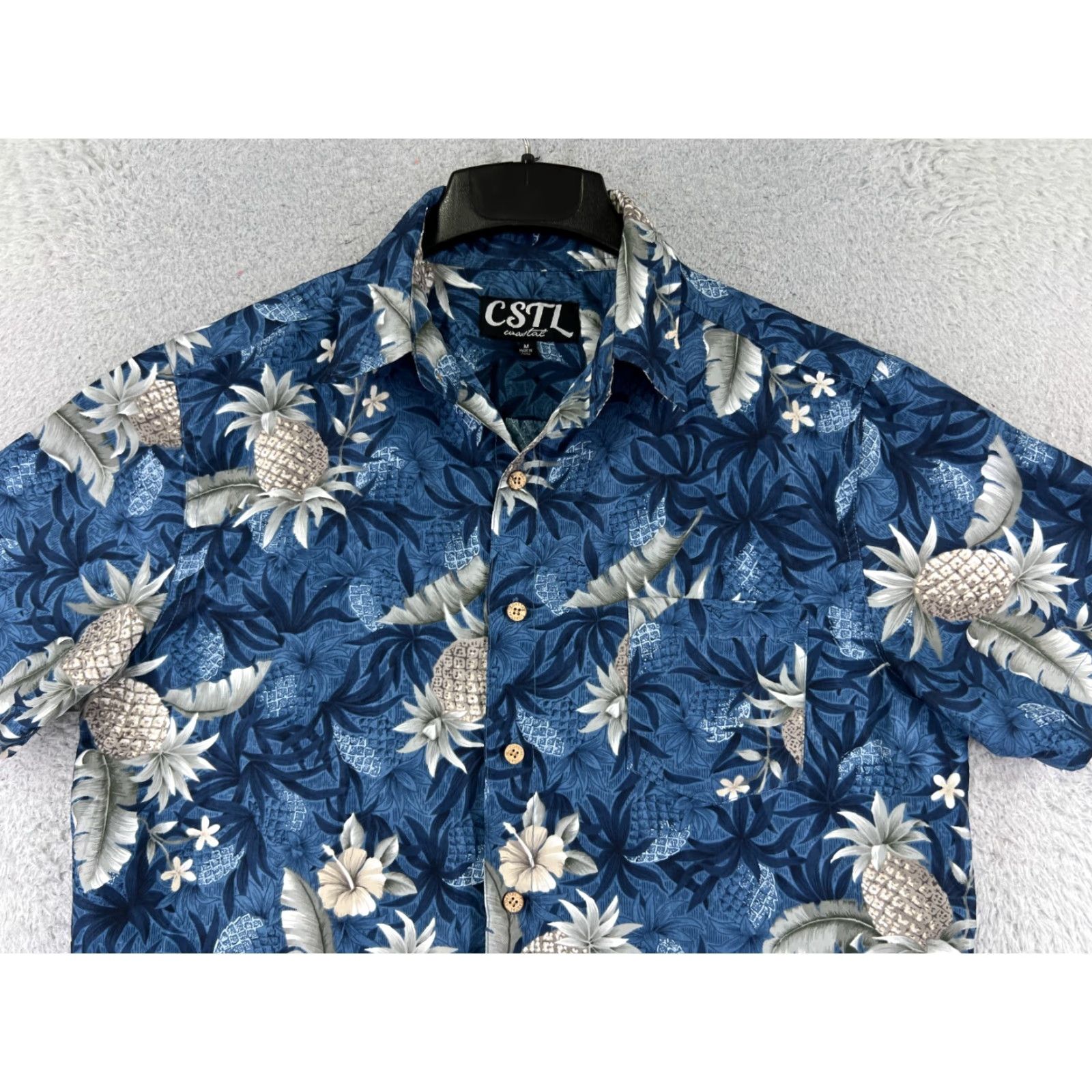 Vintage Coastal Shirt Men Medium Blue Floral Pineapple 100% Polyester Button Hawaiian Size US M / EU 48-50 / 2 - 4 Thumbnail