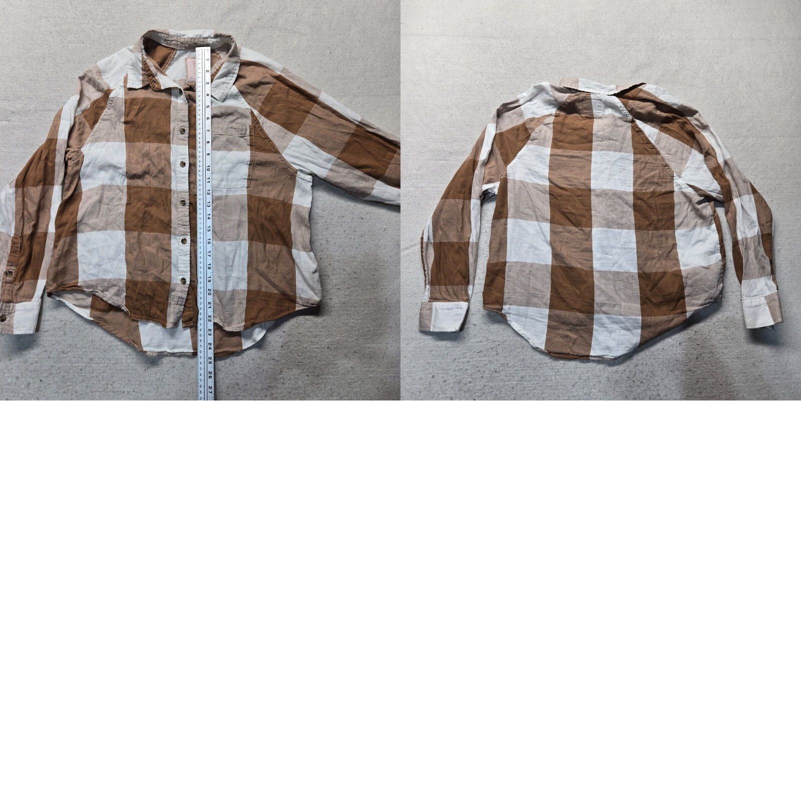 Vintage SO Shirt Plaid Button-Up Cropped Womens M Brown Wide-Check Cotton Modal Textured Shirt - 3/4 Sleeve? Size M / US 6-8 / IT 42-44 - 8 Thumbnail