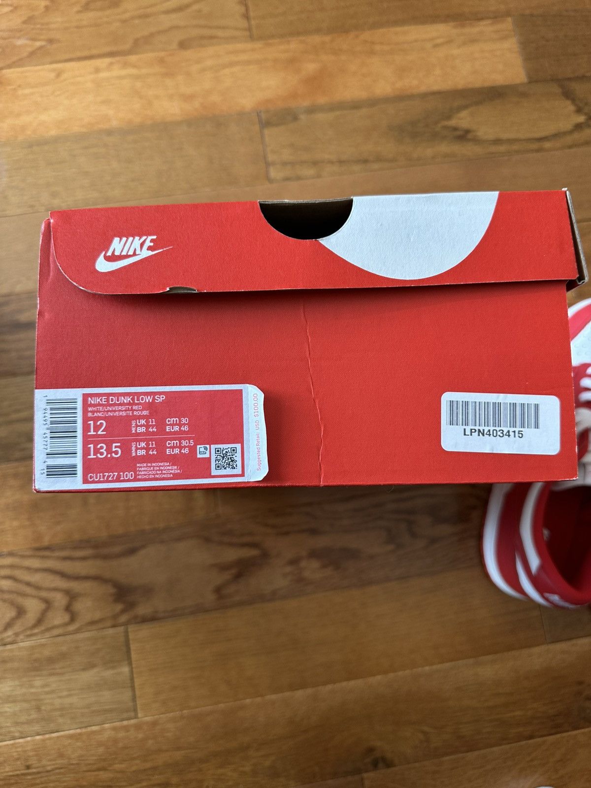 Nike Dunk Low White Red Size US 12 / EU 45 - 8 Thumbnail