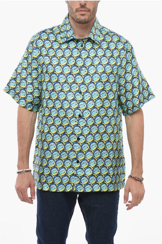 image of Botter All-Over Printed Silk Shirt in Blue, Men's (Size Small)