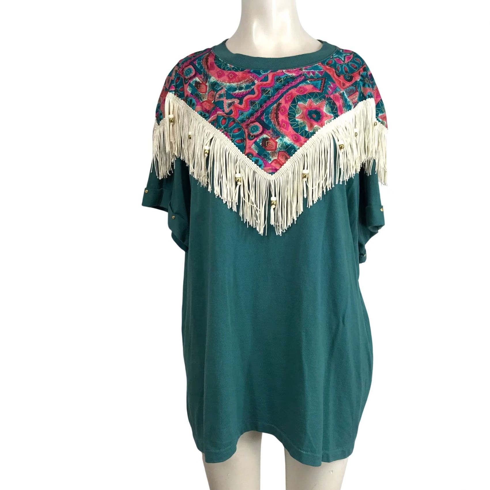 Altea Hazelwoods Women Teal Aztec Southwest Fringe Boho Shirt XL Size XL / US 12-14 / IT 48-50 - 2 Thumbnail