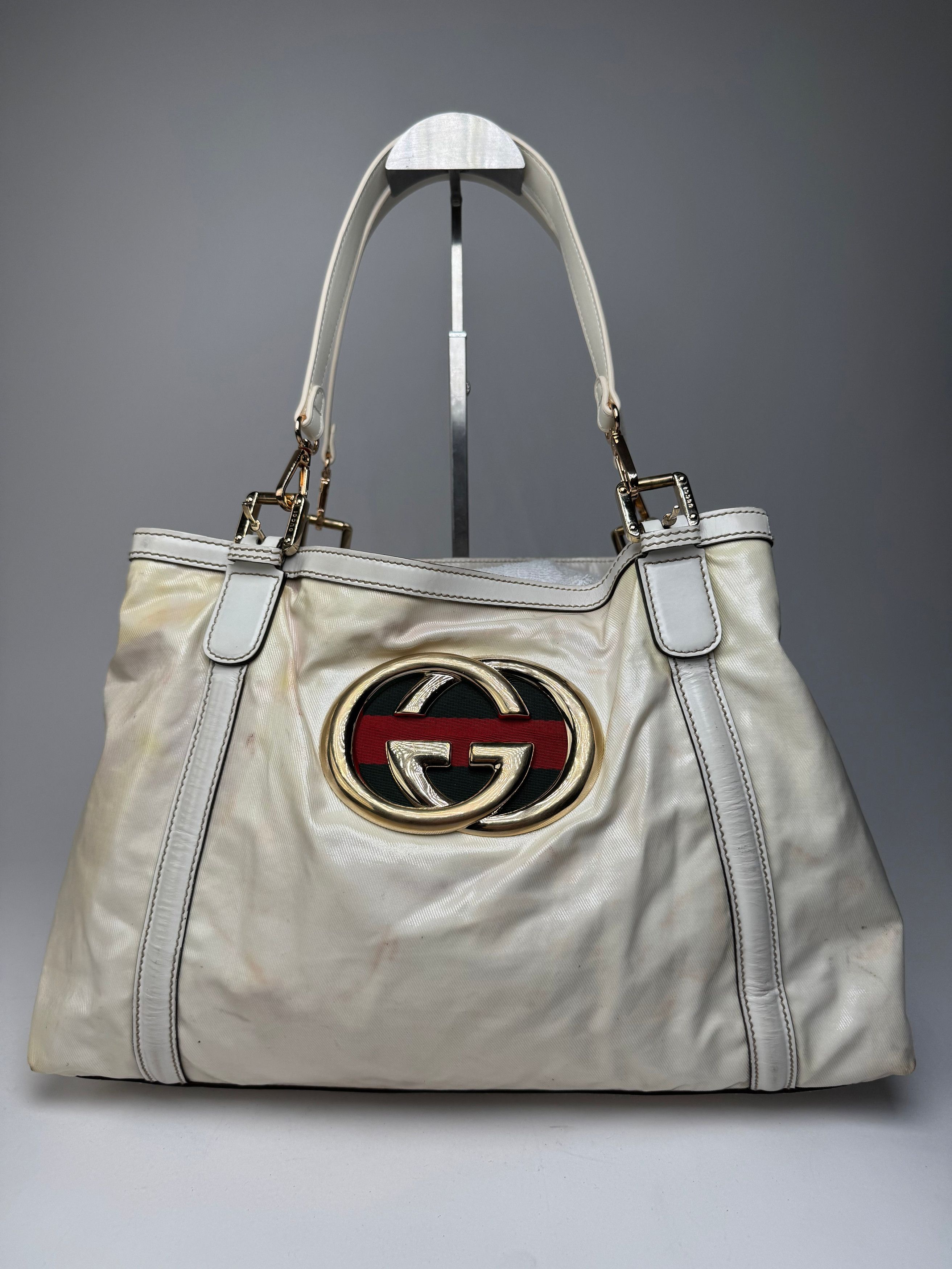 Gucci Vintage GG Leather / Polyester Tote Bag White Size ONE SIZE - 1 Thumbnail