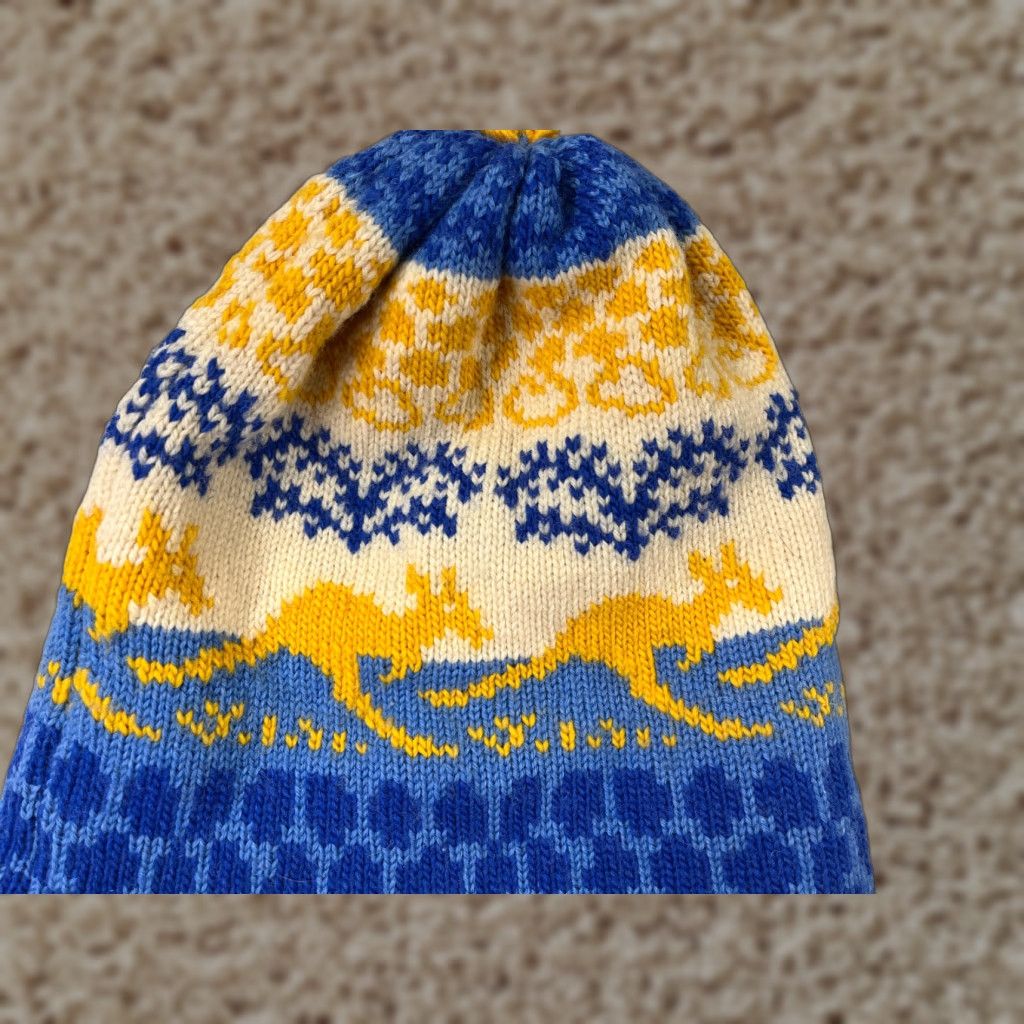 Vintage DaBec Beanie Toque Adult Blue Yellow Kangaroo Knit Tassel Acrylic Blend Made USA Size ONE SIZE - 1 Thumbnail