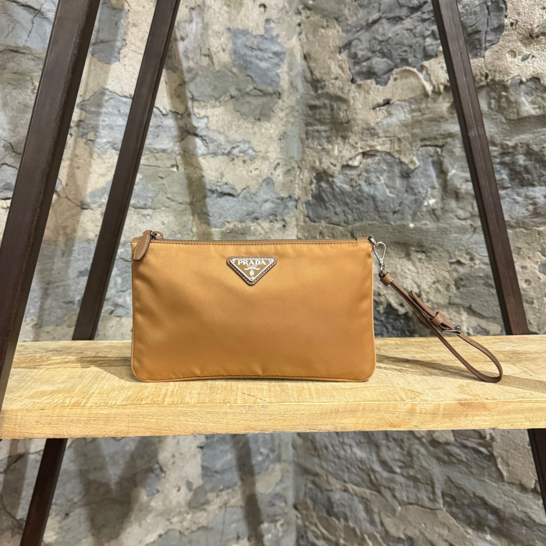 Prada Prada Ochre Tessuto Triangle Emblem Wristlet Pouch Size ONE SIZE - 1 Thumbnail