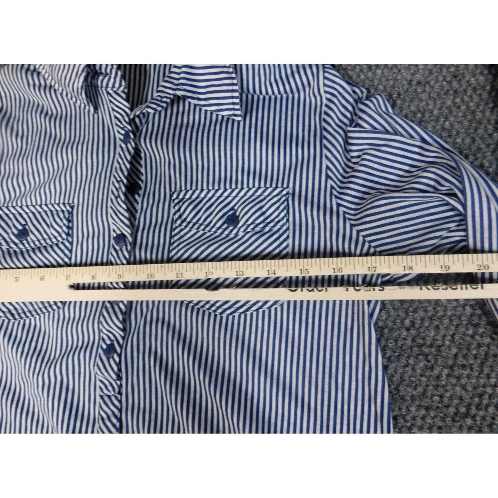 Vintage Eden & Olivia Blouse Womens Petites PM Dolman Long Sleeve Blue Striped Collared Pullover Casual Regular Stretch Dog Theme Viscose Down Size M / US 6-8 / IT 42-44 - 5 Thumbnail