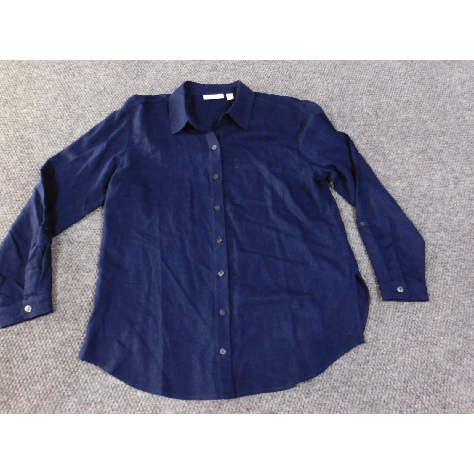 Vintage Susan Graver Shirt Womens Petite Small Navy Blue Linen Blend Button Front Casual Size S / US 4 / IT 40 - 4 Thumbnail