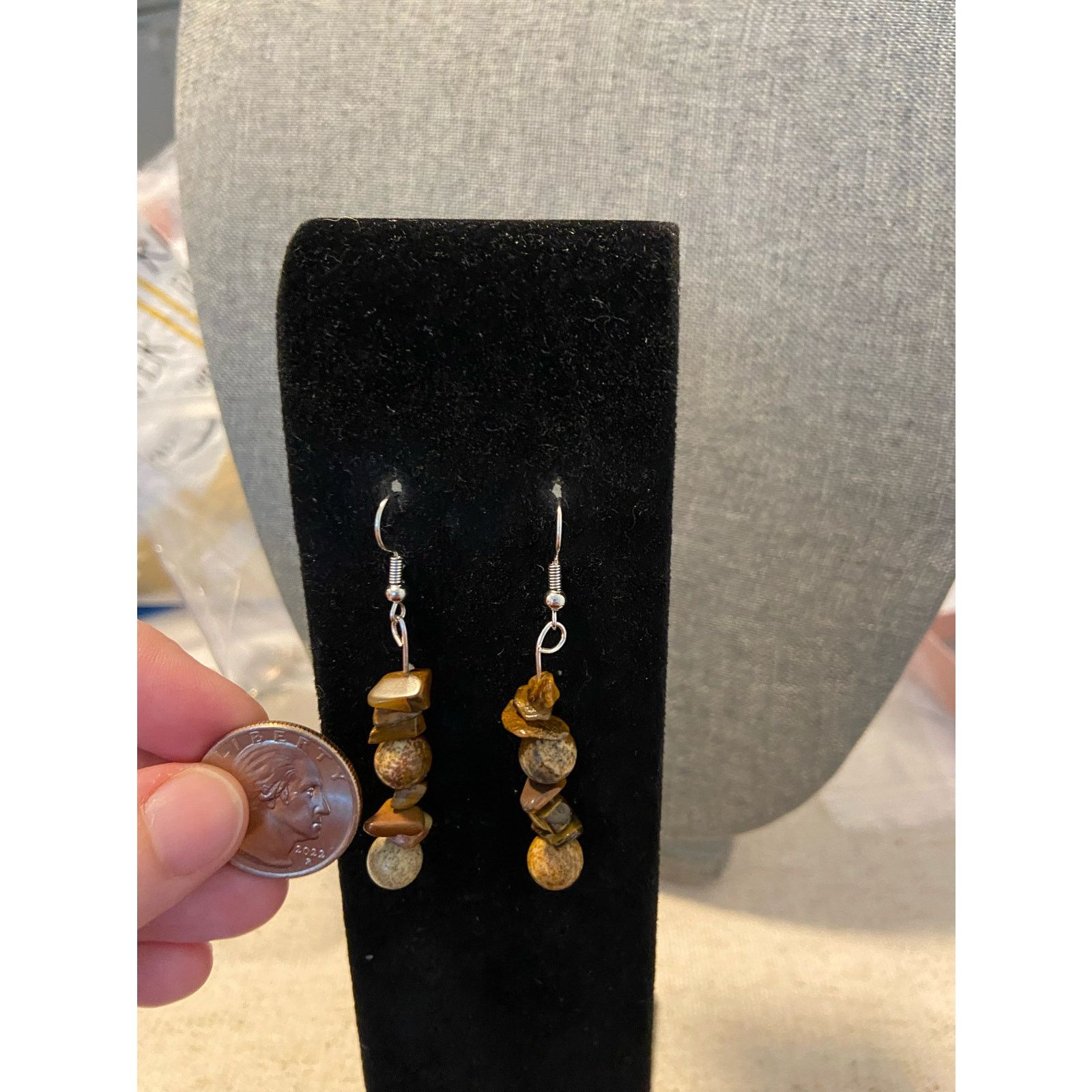 Handmade jasper and tigers eye earrings silver tone Size ONE SIZE - 2 Thumbnail