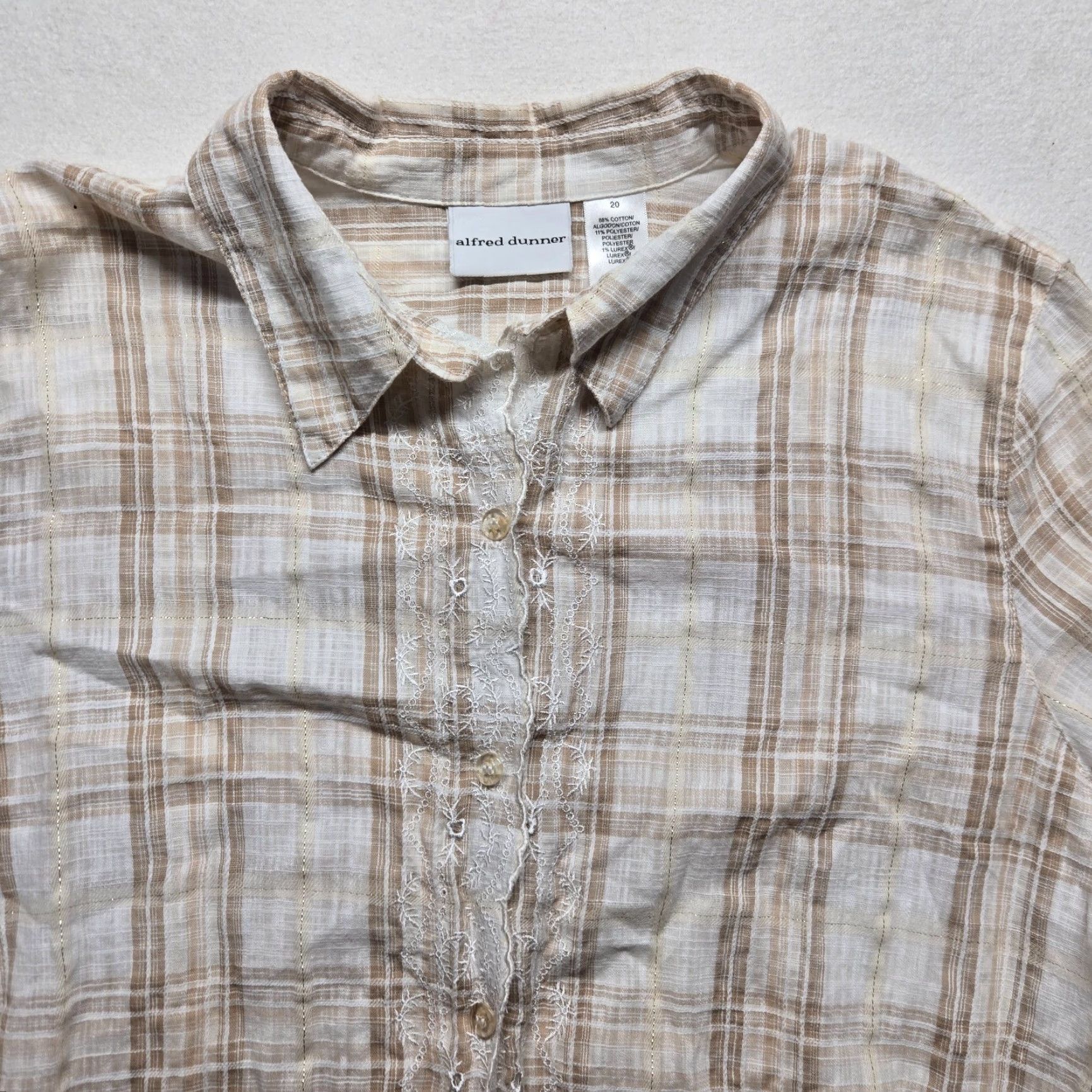 Vintage Alfred Dunner Button Up Shirt Women's 20W Tan Brown Checkard Check 3/4 Sleeve Size 3XL / US 20-22 - 2 Thumbnail