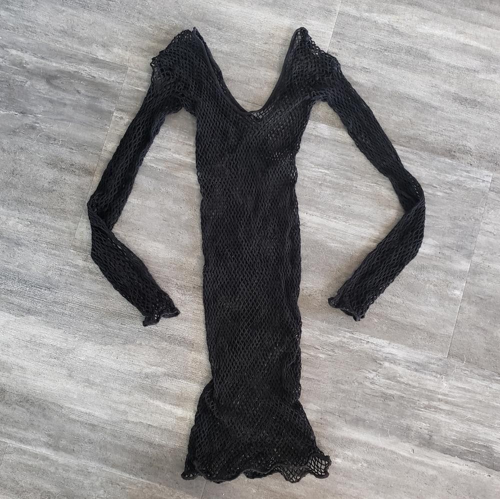 Designer Black Body Stocking Fishnet Long Sleeve Mini Size ONE SIZE - 3 Thumbnail