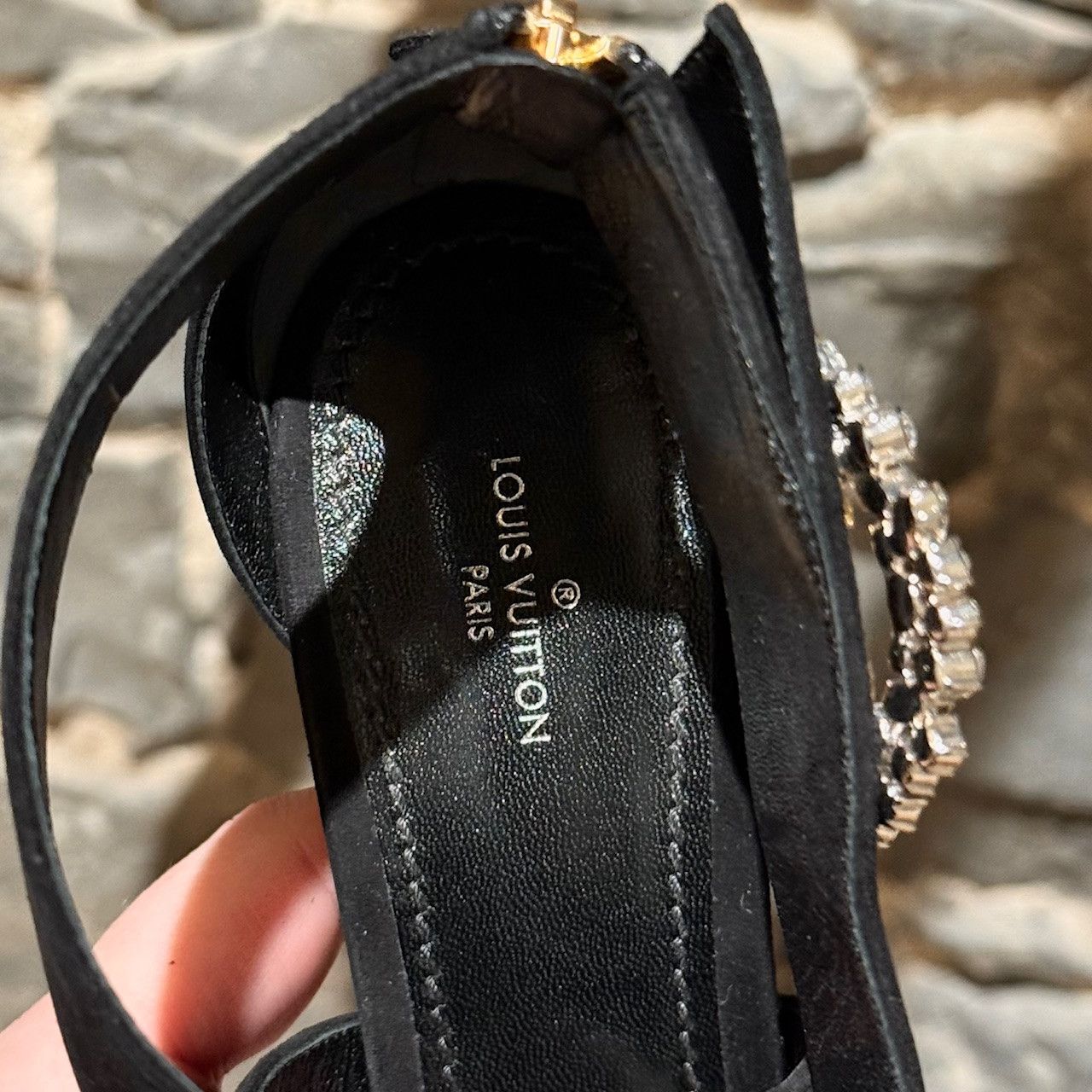 Louis Vuitton Louis Vuitton Black Suede Madeleine Crystal Logo Sandals Size US 9 / IT 39 - 10 Thumbnail