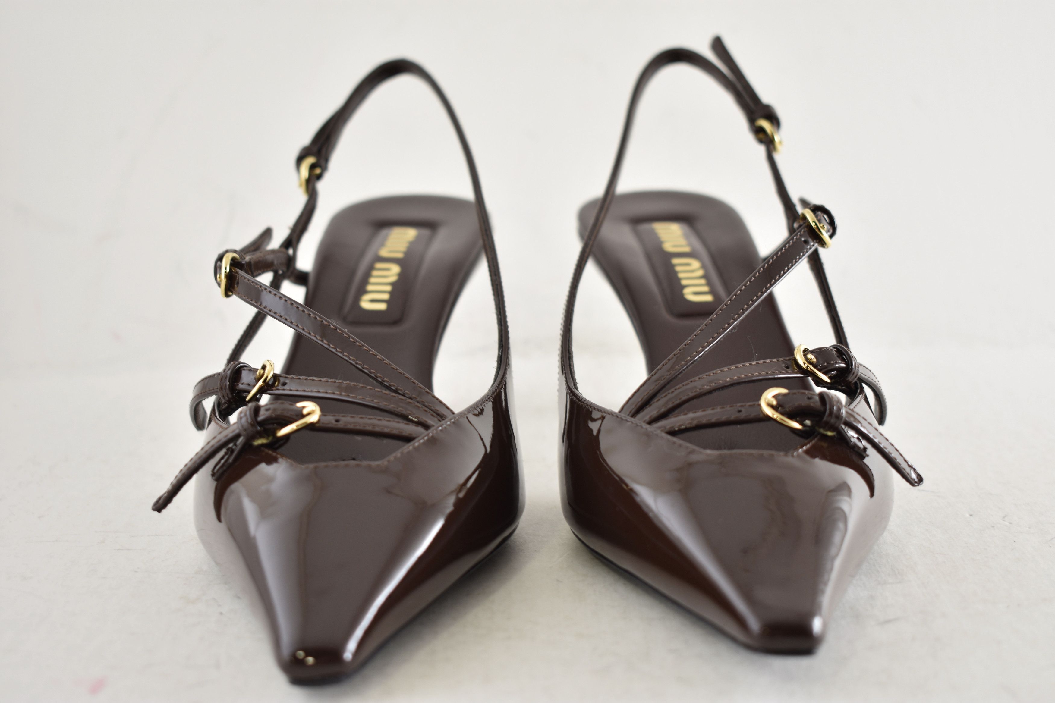 Miu Miu 55 Patent Buckle Trio Pointed Slingback Kitten Heel Pump 36 Size US 6 / IT 36 - 10 Thumbnail