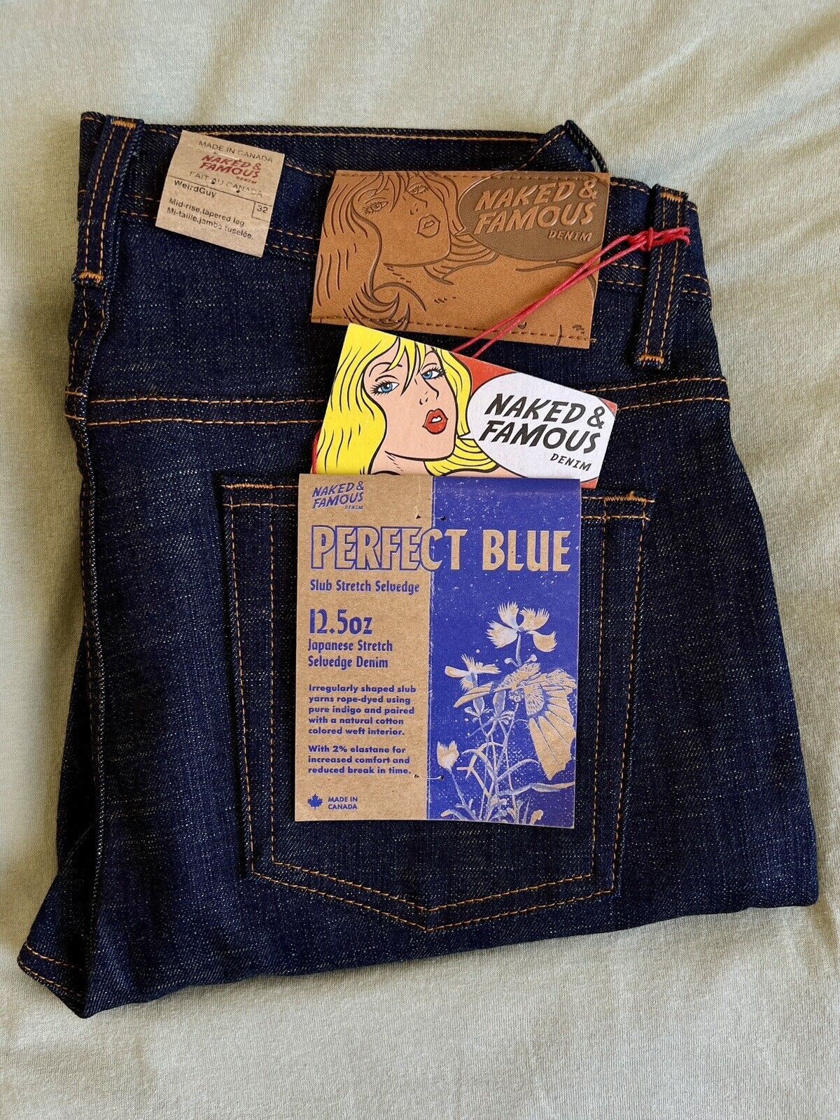 image of Naked Famous Perfect Blue Weird Guy Slubby Selvedge Japanese Denim Jeans in Perfect Indigo Blue (Si