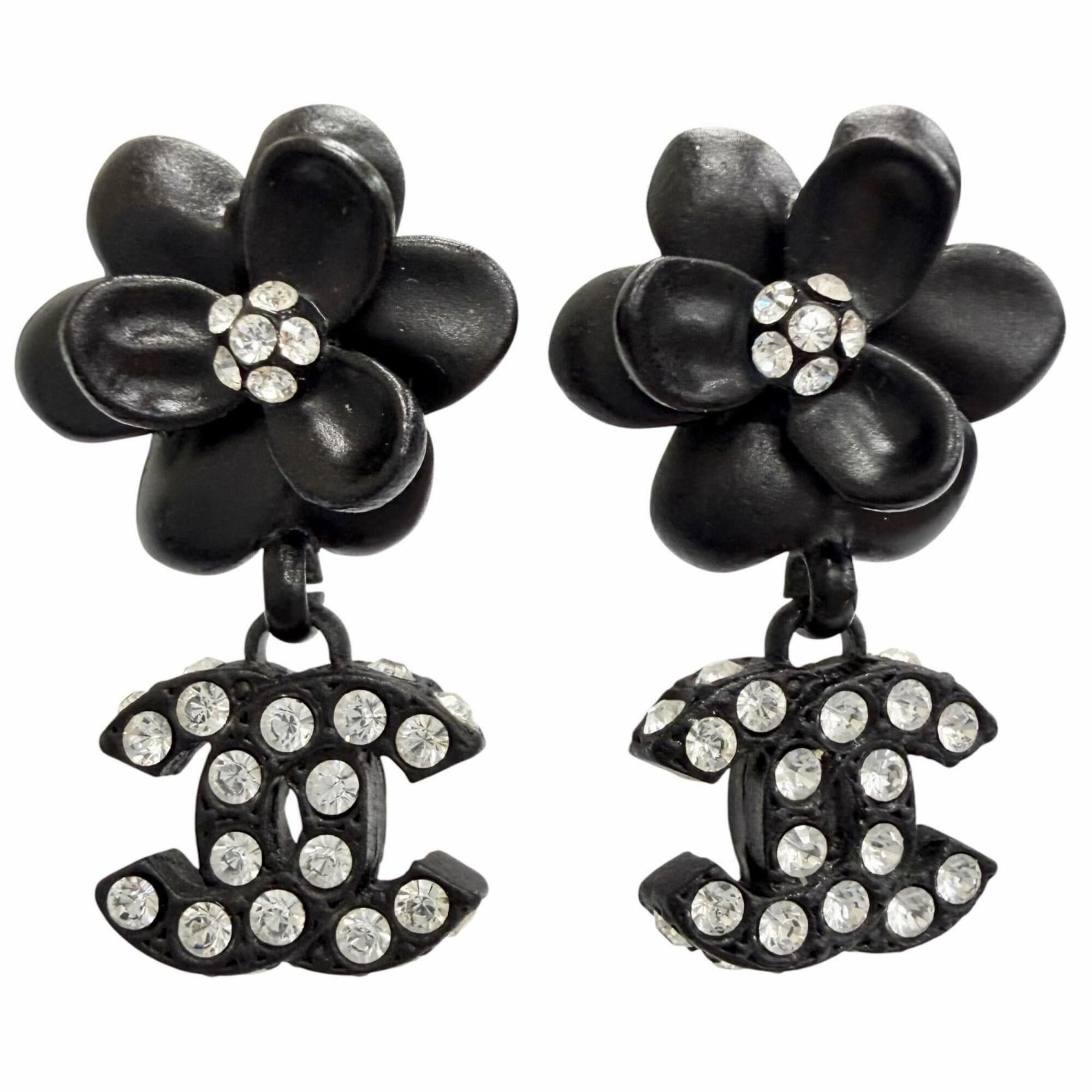 Chanel CHANEL Vintage 02A Camellia Coco Mark Rhinestone Earrings (Pair) Black, Made in France, Women's, with Box Size ONE SIZE - 1 Thumbnail