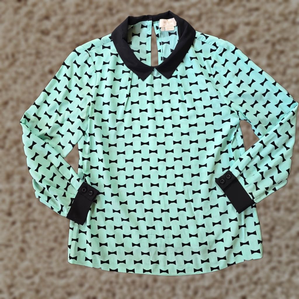 Vintage kate spade new york Blouse Womens Size 2 Silk Collared Bow Green Black Preppy Pin Up Casual Office Size XS / US 0-2 / IT 36-38 - 1 Thumbnail