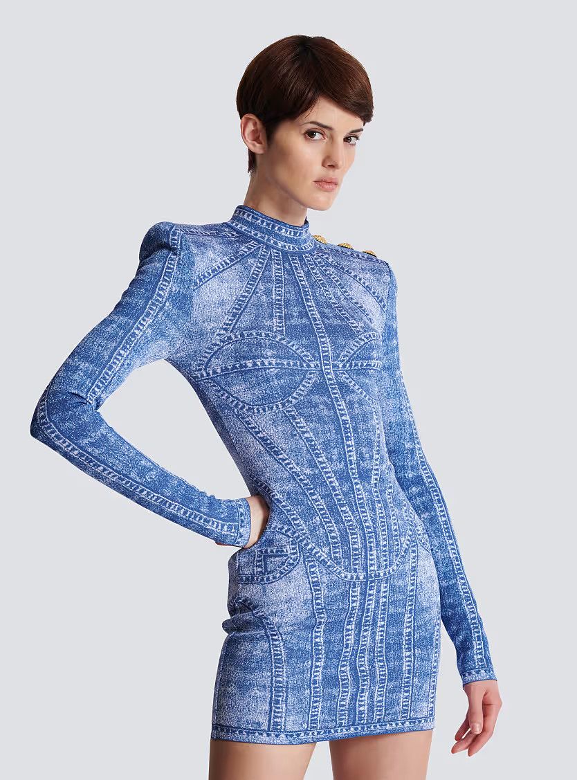 Balmain o1s1wg111225 Jacquard Knit Dress With Denim Effect in Blue Size XL / US 12-14 / IT 48-50 - 5 Thumbnail