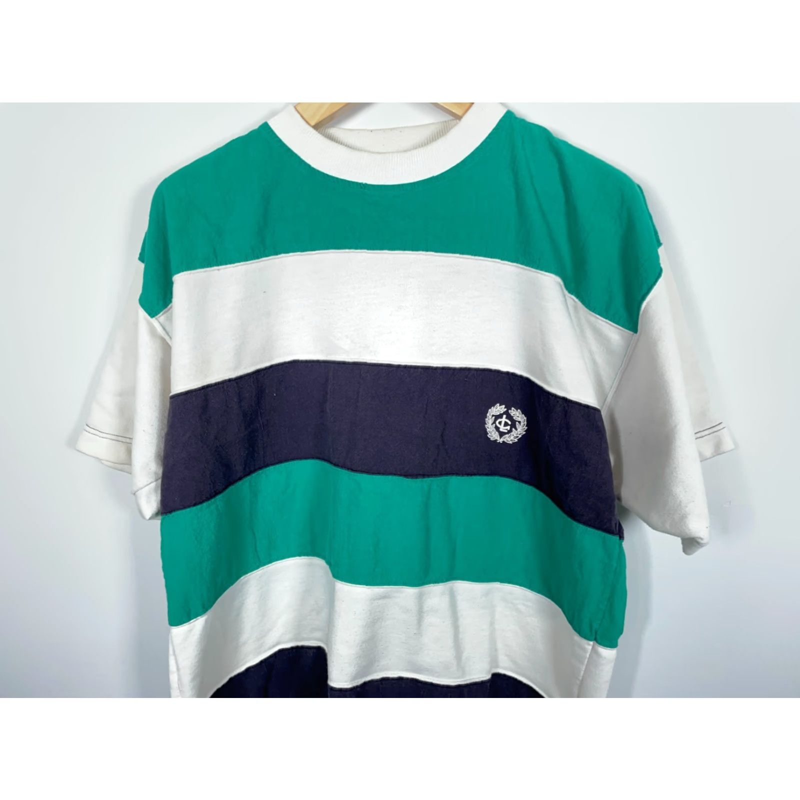 Vintage 90s Broad Stripe T-Shirt Adult XL Green White Blue Textured Skater Surf Size US XL / EU 56 / 4 - 4 Thumbnail
