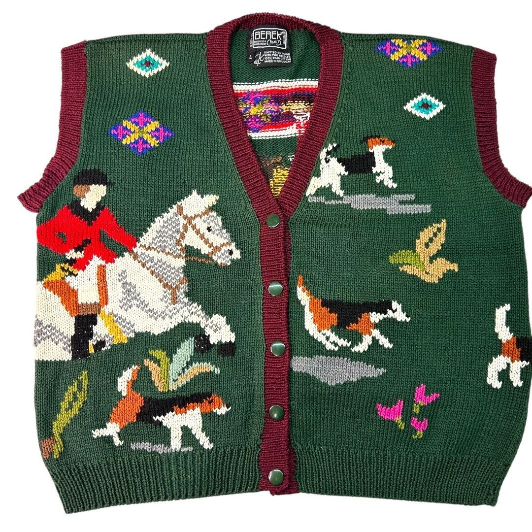 Other Vintage 1989 Berek Equestrian Hand-Knit Sweater Vest Cardiga Size L / US 10 / IT 46 - 1 Thumbnail