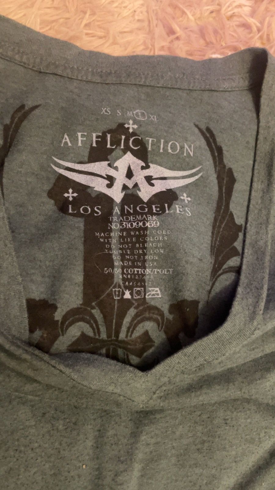 Affliction × Vintage Affliction Blue-Green V-Neck Graphic Tee – Edgy Rocker Style Size L / US 10 / IT 46 - 3 Thumbnail