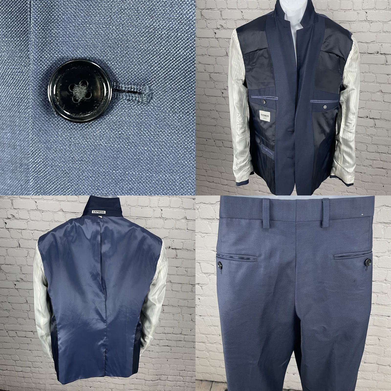 Express Express Blue Wool Blend Extra-Slim 2 Button Vented Blazer Pant Suit 40 Mens Regular Jacket Front Back Measurements 2 Piece Vintage No-Defects Size 40R - 10 Thumbnail