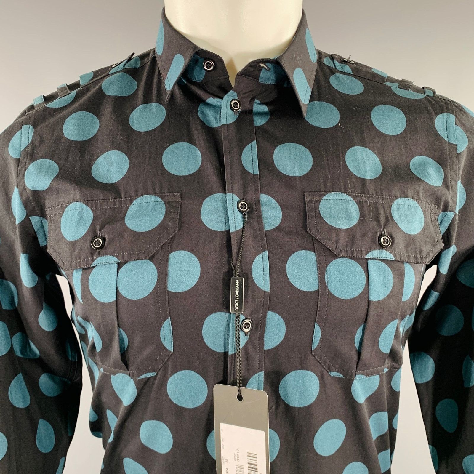 Dolce & Gabbana Size 38 Black Blue Dots Cotton Epaulettes Long Sleeve Shirt Size US S / EU 44-46 / 1 - 2 Thumbnail