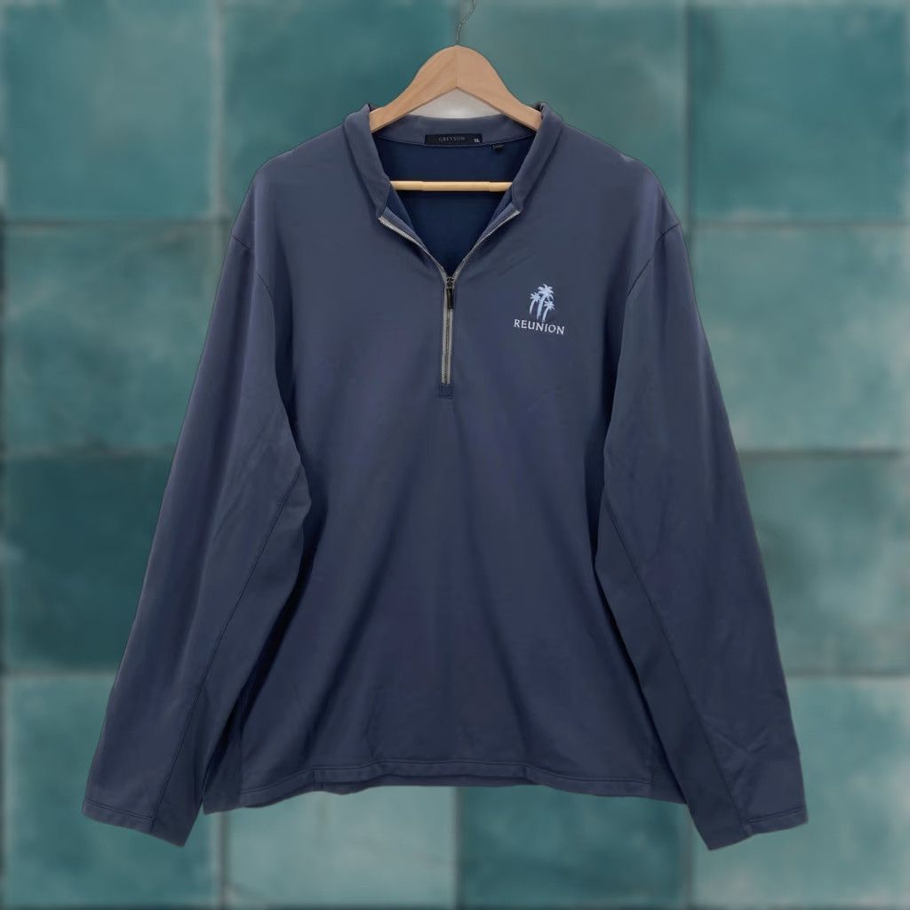 Vintage Greyson Quarter Zip Pullover Mens XL Blue Long Sleeve Golf Reunion Mock Neck Zip 56/39/5 Knit Nylon Polyester Spandex Solid Regular Size US XL / EU 56 / 4 - 1 Thumbnail