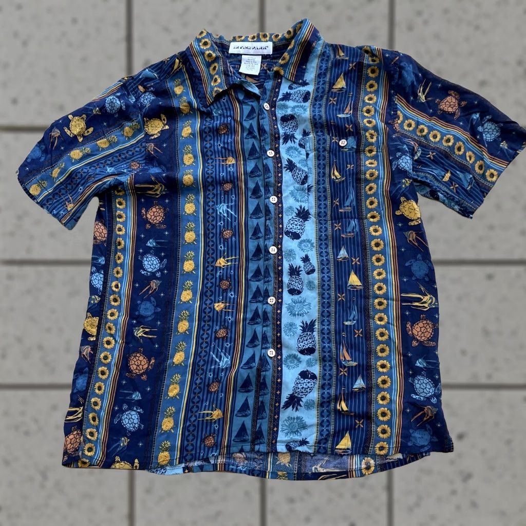 Vintage Irvine Park Button Shirt Men L Stripe Blue Sunflowers Pineapple Turtle Sail Boats Beach Hawaiian Size US L / EU 52-54 / 3 - 1 Thumbnail
