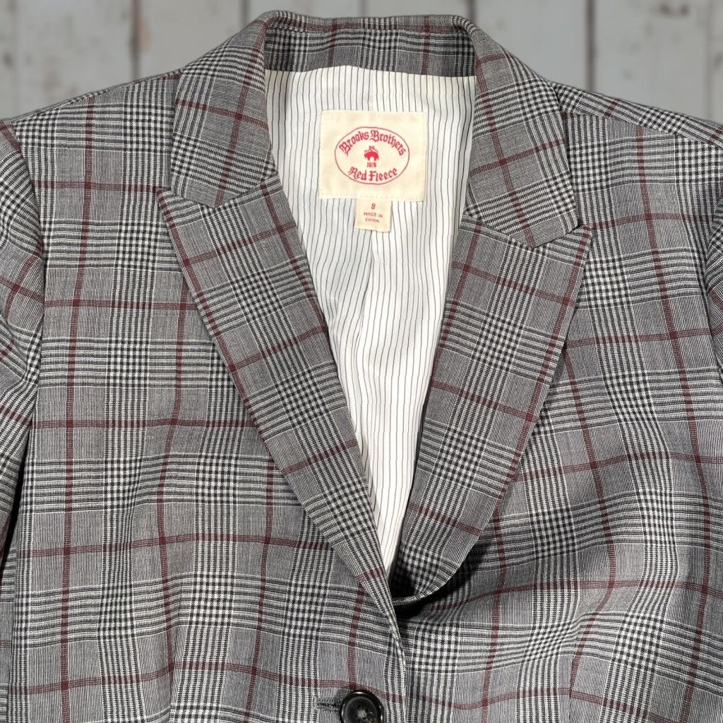 BROOKS BROTHERS Red Fleece Grey Watch Plaid Wool Blazer Jacket SZ 8 Women’s