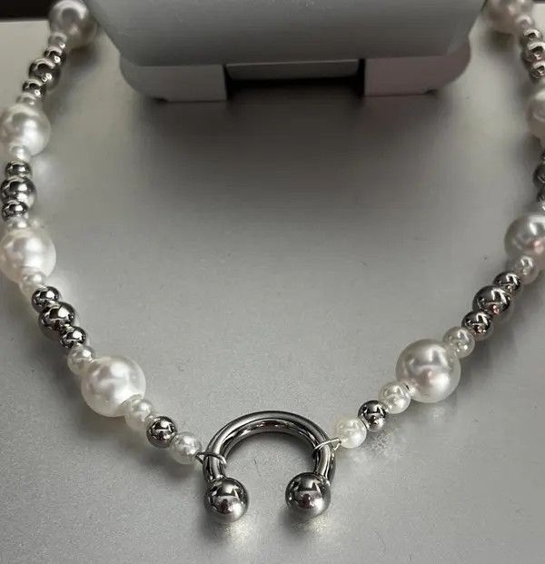 Jewelry Silver and White Pearl Beaded Necklace, Chunky Choker Size ONE SIZE - 3 Thumbnail