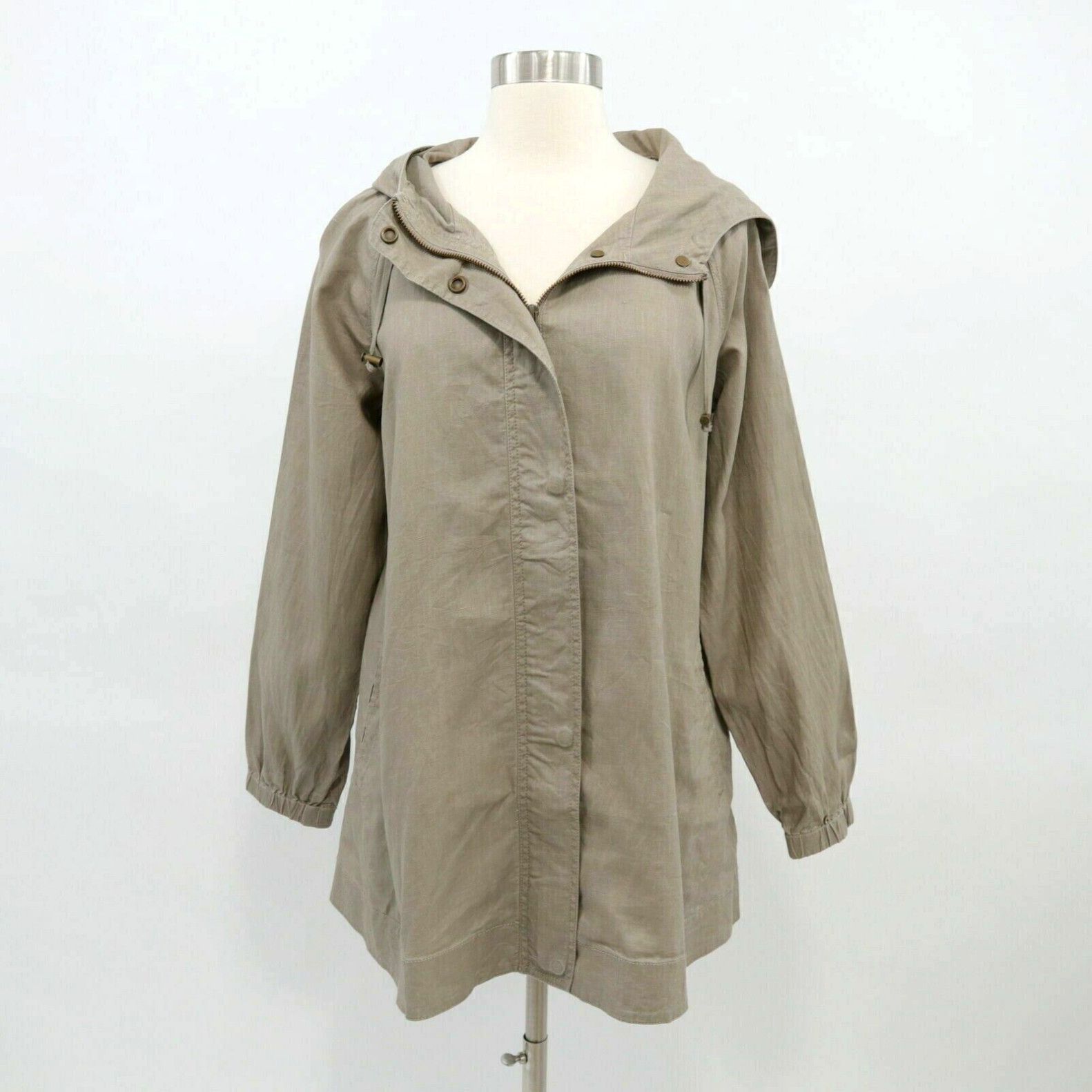 image of Eileen Fisher Jacket Parker Coat Xs 100% Organic Linen Hooded Army Green A-Line in White, Women's