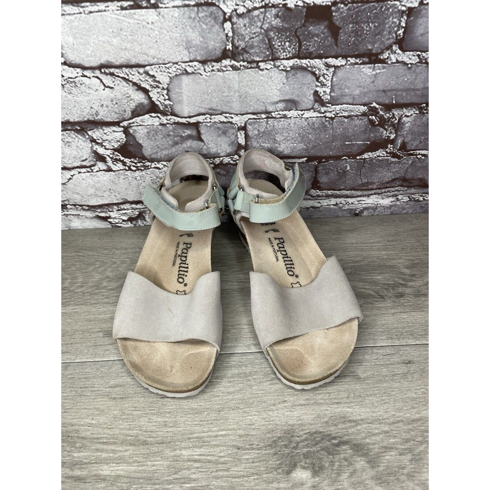 Birkenstock Papillio Grey Nubuck Suede Teal Patent Cork Wedg
