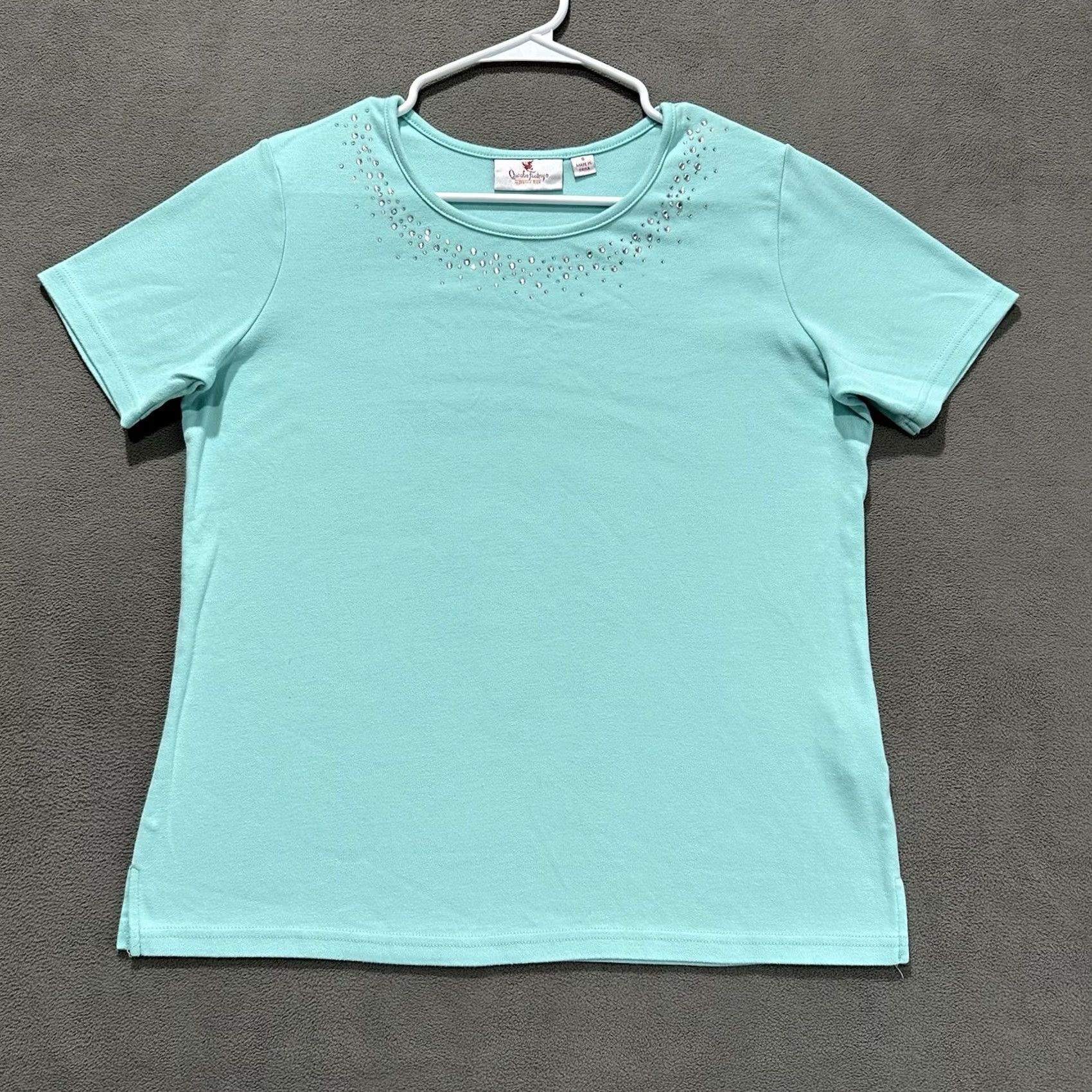 Quacker Factory Quacker Factory Shirt Women Small Blue Teal Rhinestones Embellished Short Sleeve Size S / US 4 / IT 40 - 2 Thumbnail