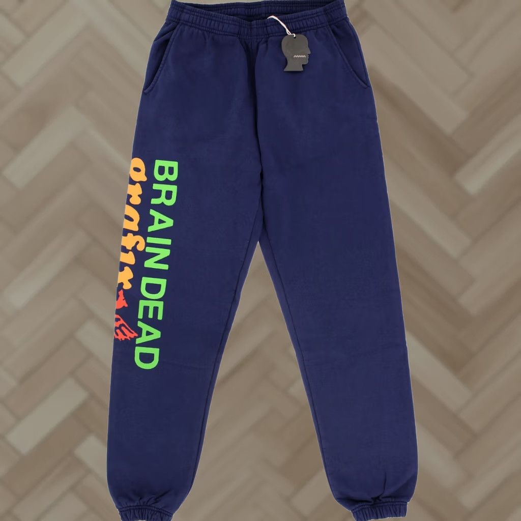 Brain Dead Grafix Sweatpants Men’s Navy S Tapered Pockets 100% Cotton Graphic Joggers