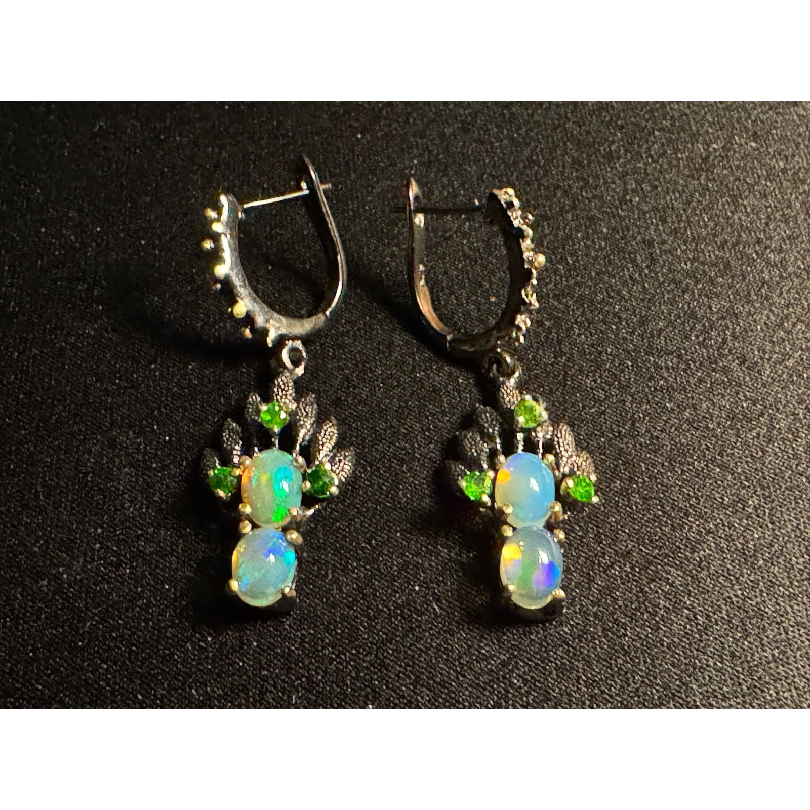 Other 925 Silver Rhodium Oxidized Ethiopian Opal Emerald Earrings Size ONE SIZE - 1 Thumbnail
