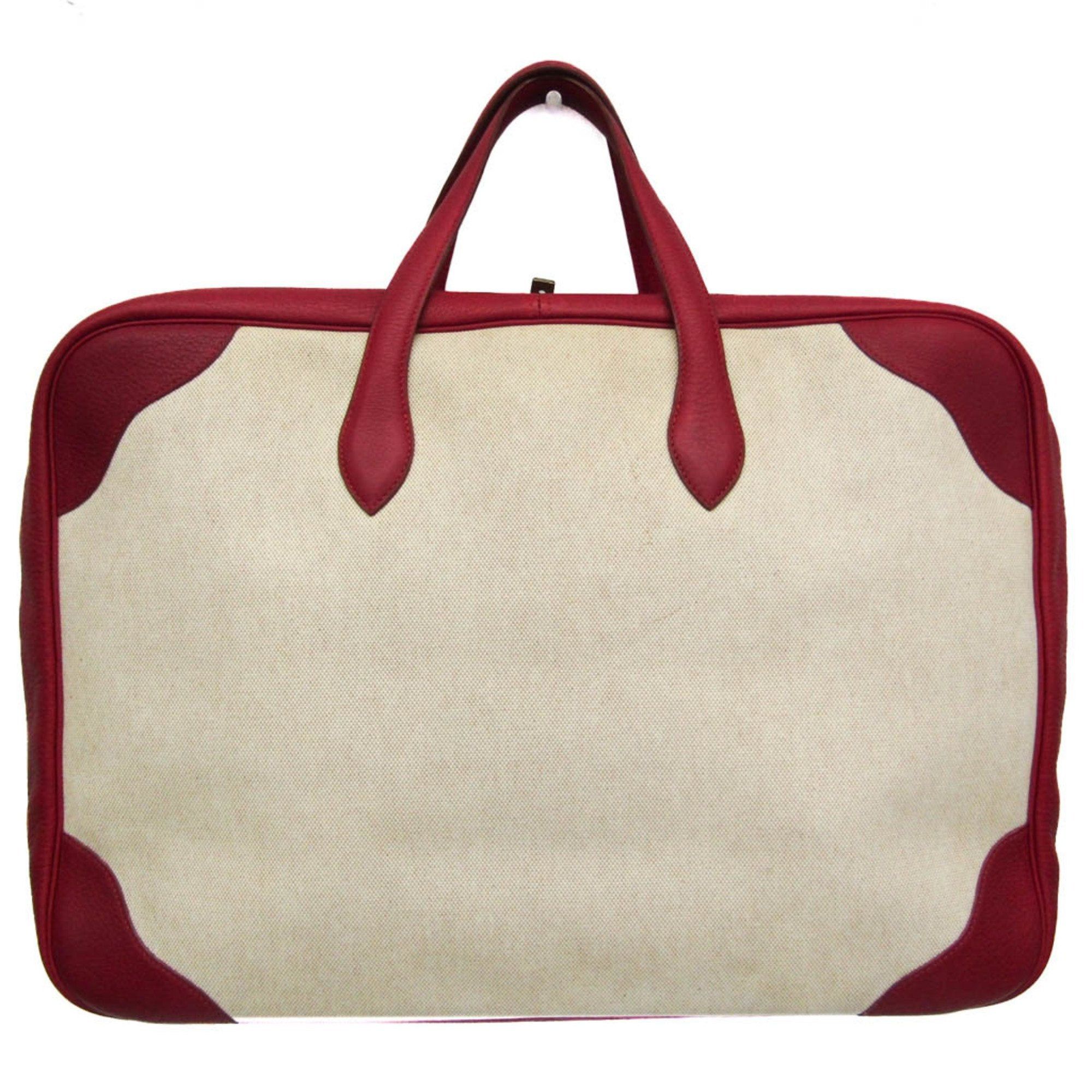 image of Hermes Victoria 50 Men,women Toile H,taurillon Clemence Leather Boston Bag Natural,red Color in Whi