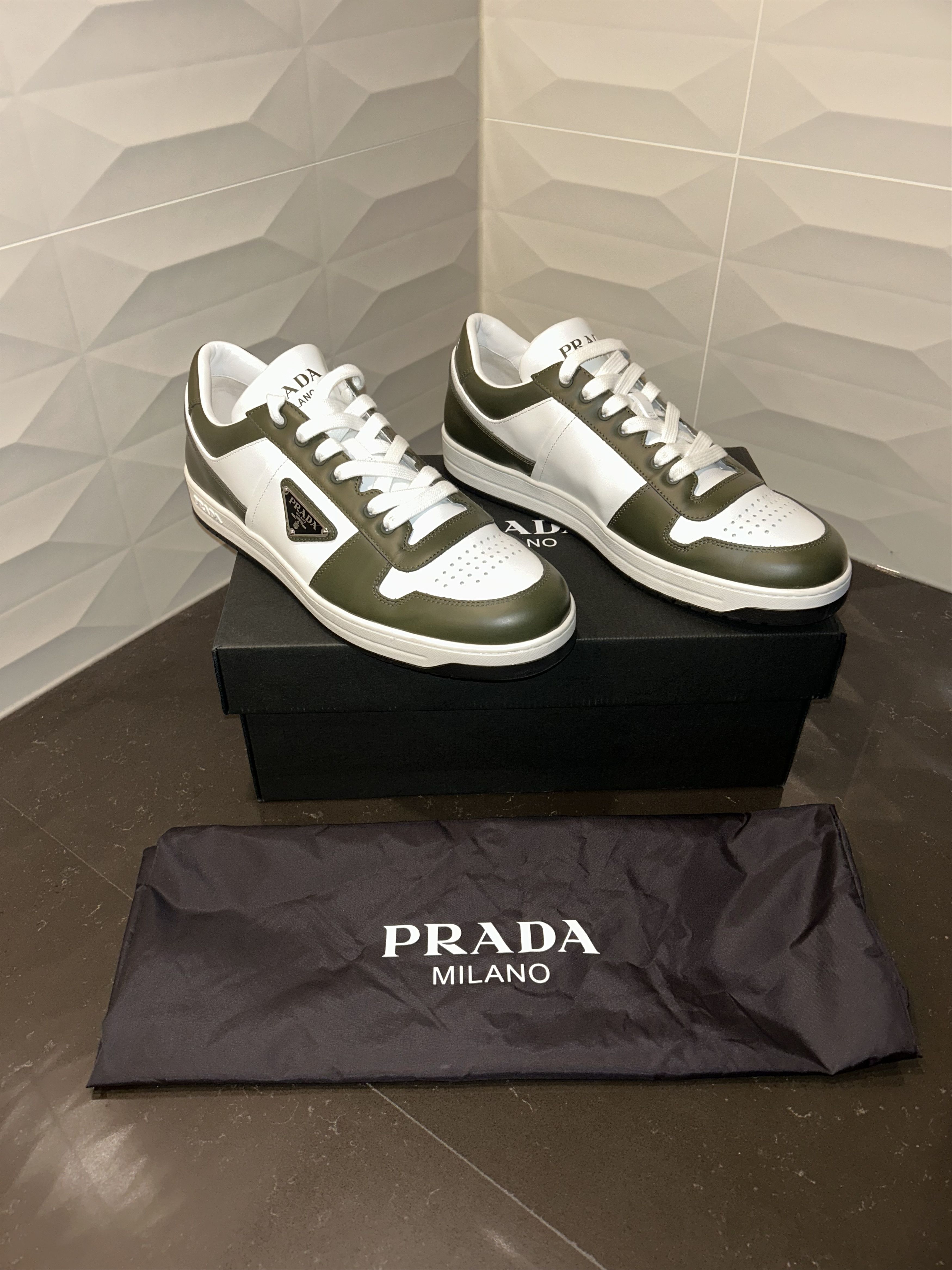 Prada 👟 Prada Downtown Leather Sneakers – Olive Green – Sz 10US Size US 10 / EU 43 - 3 Thumbnail