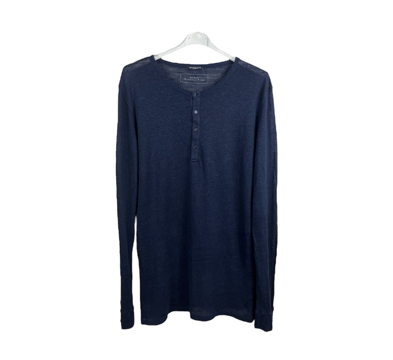 image of Avant Garde x Balmain Linen Navy Long Sleeve Loose Tee Button Shirt, Men's (Size Medium)