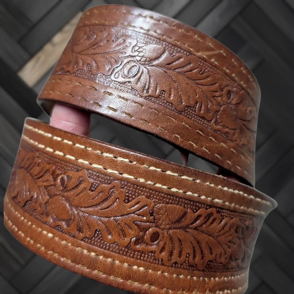 Vintage VINTAGE western belt Tooled brown cowhide leather 34 belt Men Regular 34 width 1-7/8" patina rodeo southwest buckle tapered belts Size 34 - 1 Thumbnail