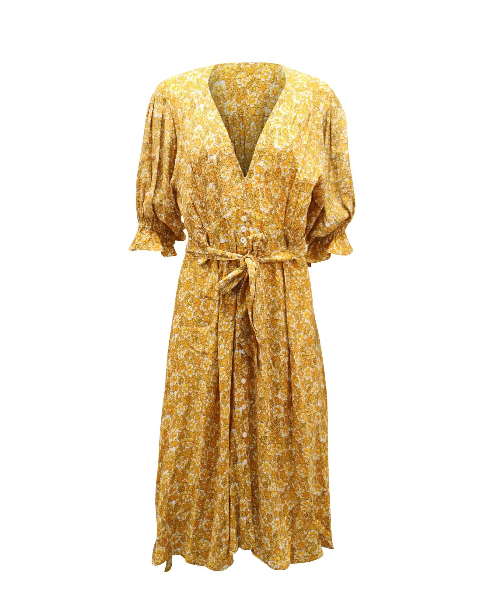 image of Floral-Print Waist Tie Midi Dress In Yellow Rayon, Women's (Size Medium)