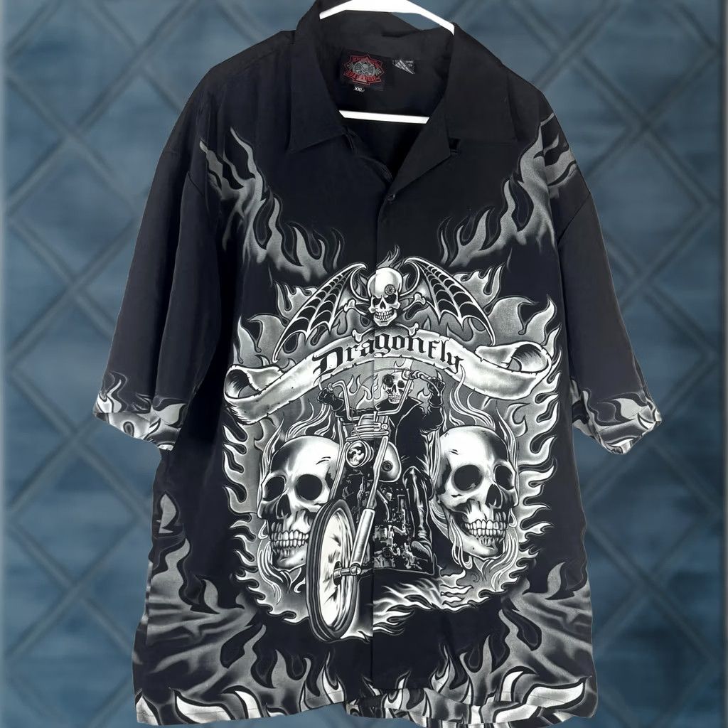 Vintage Dragonfly Roadhouse Shirt Mens 2XL Black Graphic Print Biker Skull Flames Short Sleeve Button-Up Camp Shirt Size US XXL / EU 58 / 5 - 1 Thumbnail