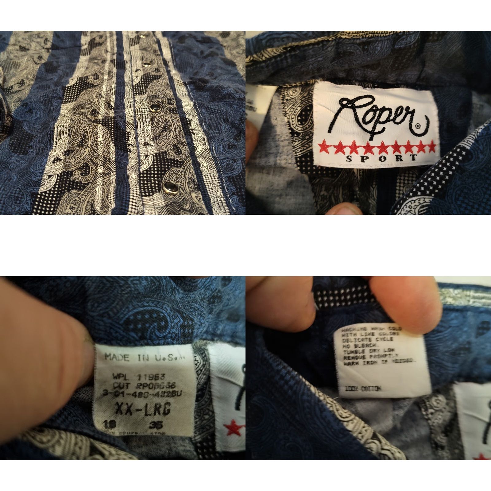 Roper VINTAGE Roper Shirt Western Button-Down 2XL Navy Paisley Men’s Long Sleeve Cotton Blue Functional USA Cowboys Mens Size US XXL / EU 58 / 5 - 8 Thumbnail