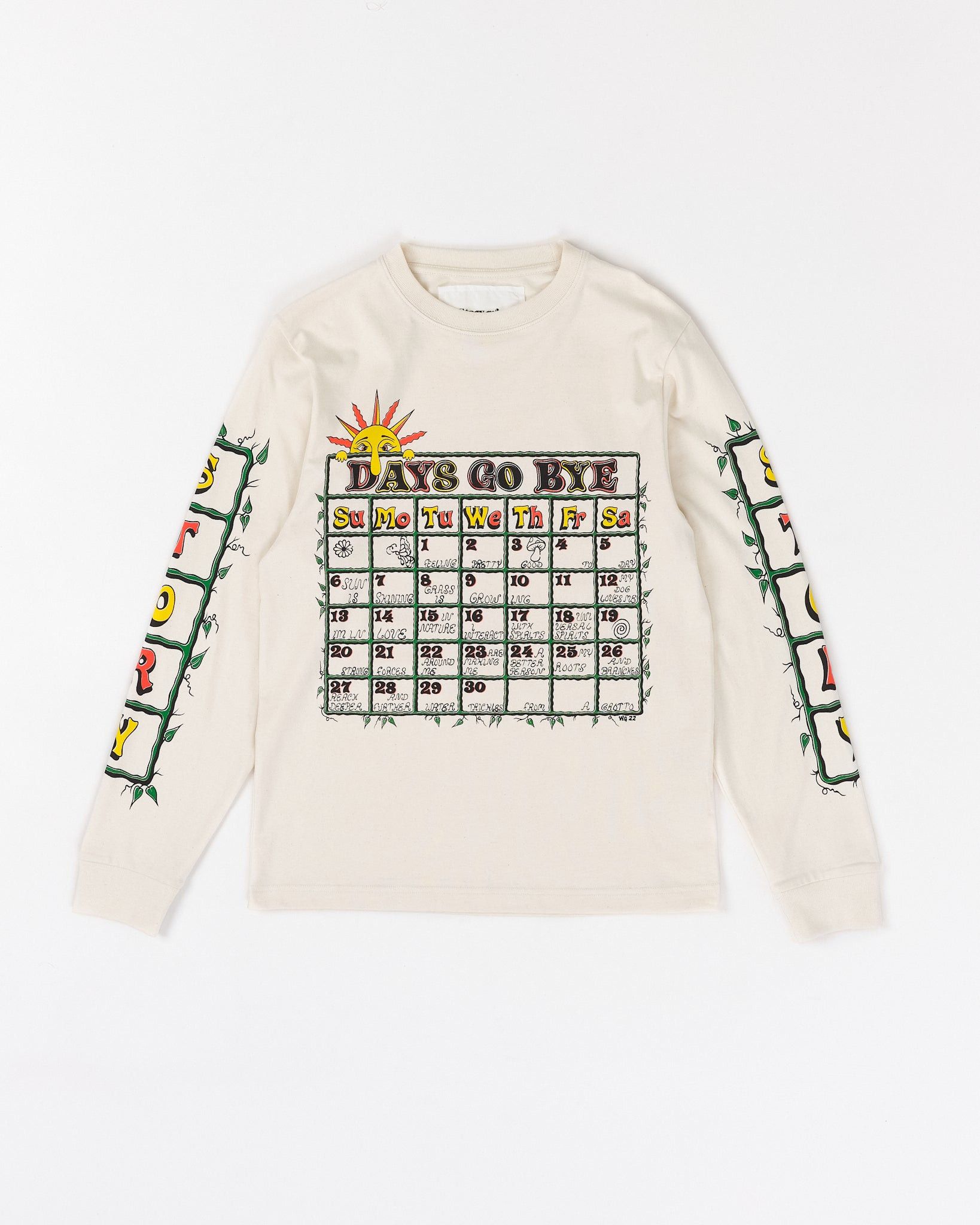 image of Story Mfg. Grateful Calendar Long Sleeve Graphic T-Shirt in Ecru Days Go Bye, Men's (Size Large)