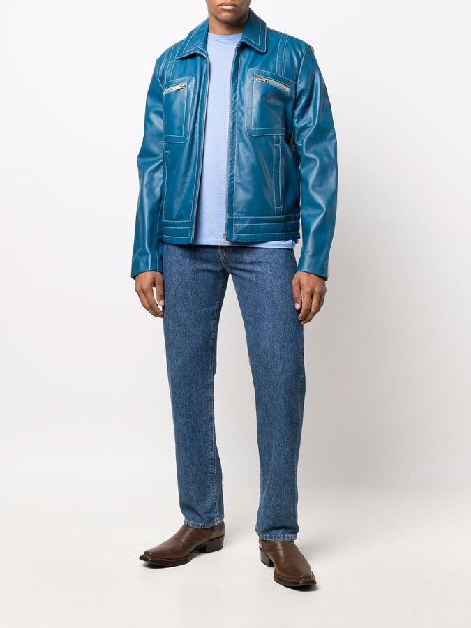 Diesel Diesel Leather Blue L-Cale Bomber Biker Moto Jacket Coat M Size US M / EU 48-50 / 2 - 7 Thumbnail