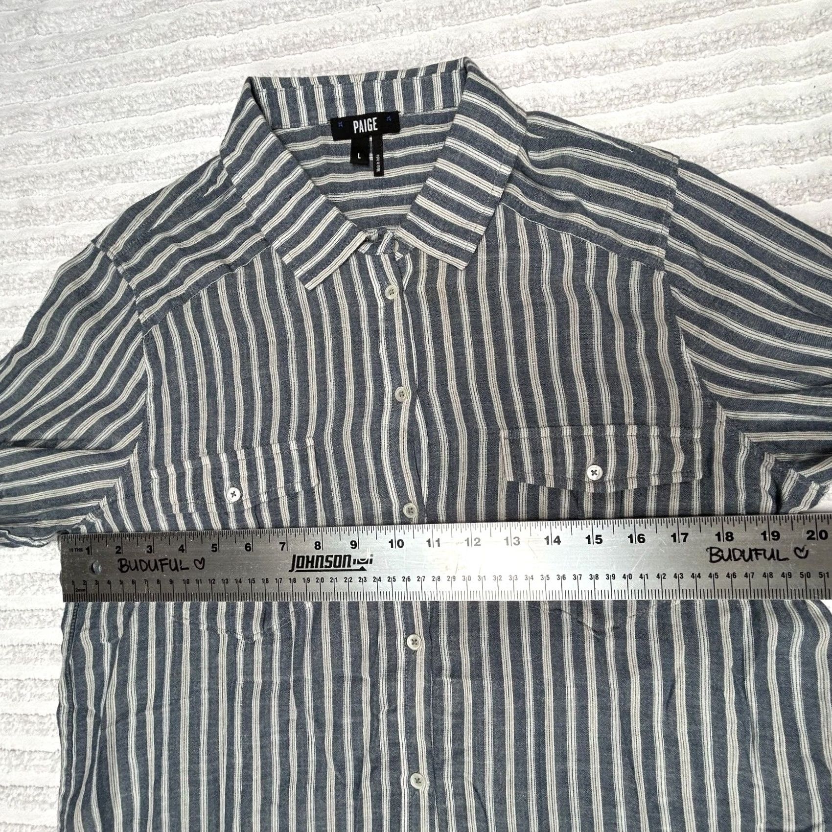 Paige PAIGE Womens Mable Shirt Large Blue Ivory Striped Roll Tab Sleeve Top Pockets Size L / US 10 / IT 46 - 7 Thumbnail