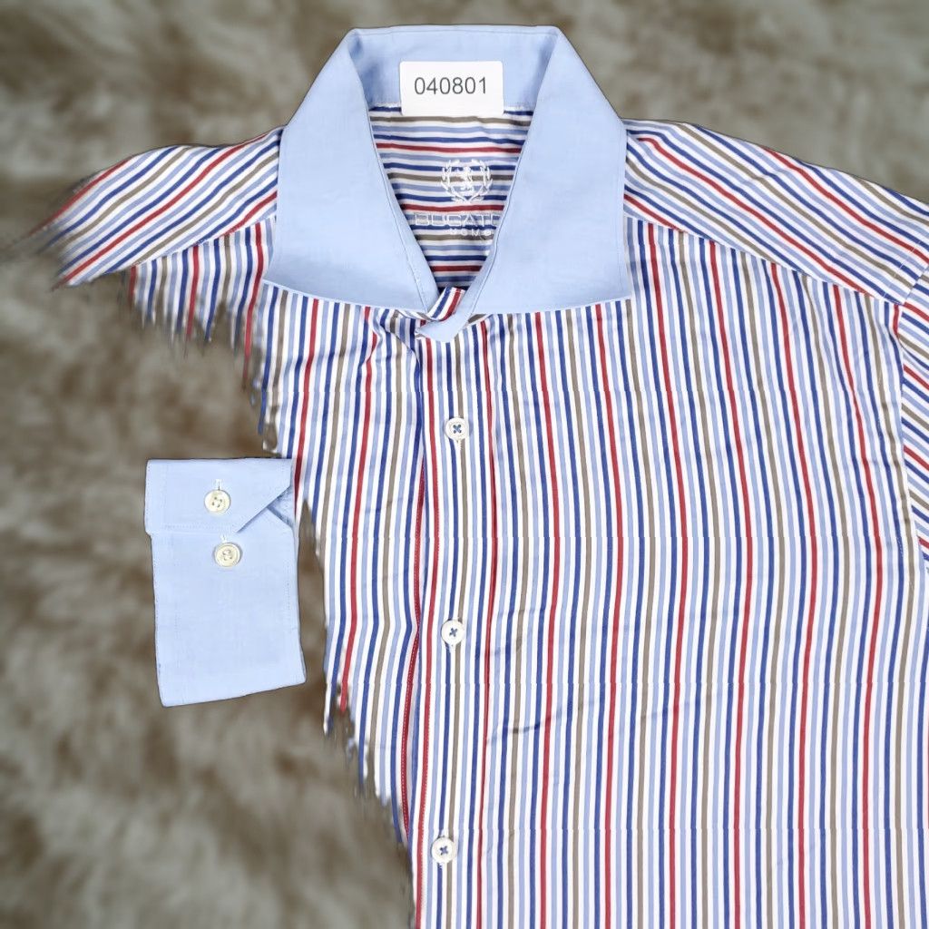 BUGATCHI Bugatchi Uomo Dress Shirt Mens 17 Blue Red Striped Long Sleeve Button-Up Classic Casual Size 46R - 1 Thumbnail