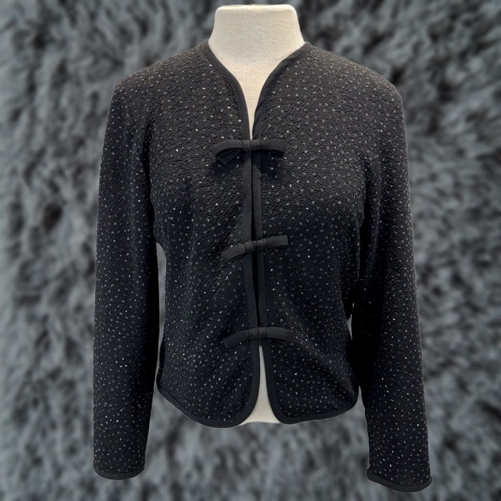 Vintage VINTAGE Jessica Howard 2 Pc Dress Set Jacket Dress Women's 8P Petite Black Sparkle Mock Neck Bow 90s Wedding Party Cocktail Formal Short Sleeve Size M / US 6-8 / IT 42-44 - 1 Thumbnail