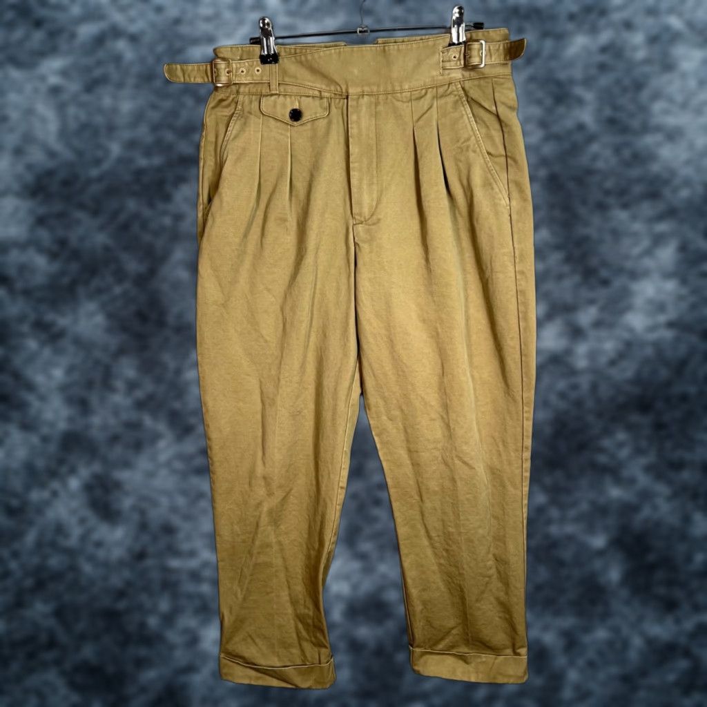 Vintage Cattaun Mens Pleated High-Waist Khaki Trousers Size 28 Beige Cotton Spandex Dress Pants Tapered Inseam 24 in Adjustable Waist Straps Mens Size US 28 / EU 44 - 1 Thumbnail